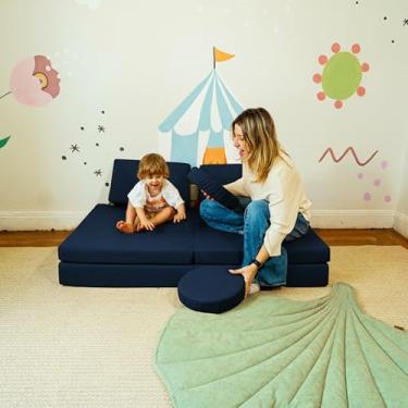 Imagem de Sofá de Brincar Infantil Modular em Tecido Macio e Acolchoado com 5 Módulos 1,72m – Little Duck (Bouclé, Azul Médio)