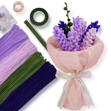 Imagem de HUEYTON Conjunto de limpeza de cachimbo de lavanda grossa – 400 peças de hastes de chenille para buquês de lavanda DIY completos e delicados, inclui hastes e acessórios, ideal para artesanato