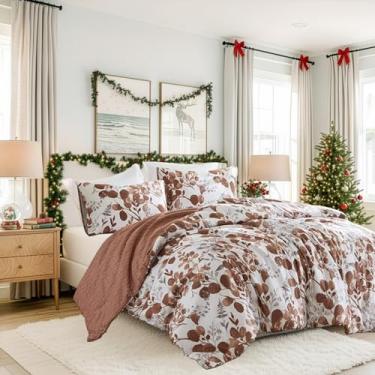 Imagem de Conjunto de edredom leve Seersucker Botanical King Size, edredom de cama com design reversível, conjunto de cama de microfibra premium, conjunto de edredom e fronhas, terracota