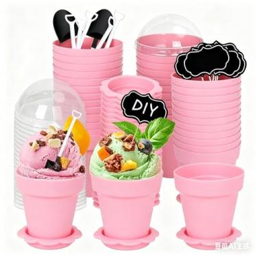 Imagem de FYSUIMU Conjunto de 50 copos de plástico para sobremesa de vaso de flores rosa com tampa, pá, colher inferior, bandeja preta, palitos de sorvete, iogurte, recipientes para festa de aniversário do Dia