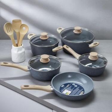 Imagem de Jogo de Panela Antiaderente 8 Peças com Cabo de Madeira – Cozinha Completa, Revestimento Premium, Antiaderente Superior, Design Moderno