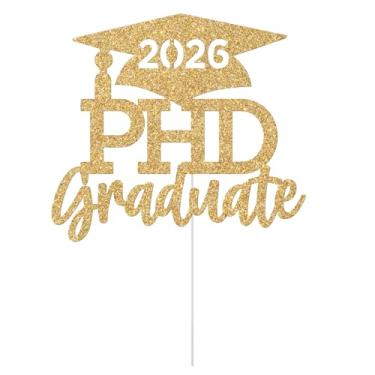 Imagem de Topo de bolo de pós-graduação PHD, decoração de graduação PHD, parabéns PHD, classe de 2024 PhD decorações de festa de formatura ouro glitter