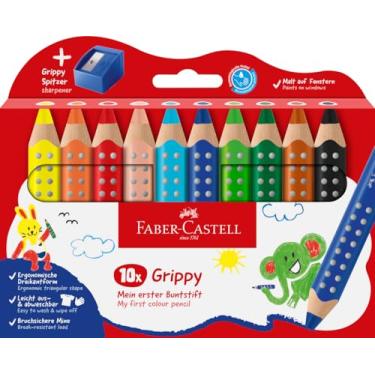 Imagem de Faber-Castell Conjunto de lápis de colorir Grippy 110636, 10 lápis de colorir com apontador para crianças a partir de 2 anos, conjunto de lápis 3 em 1