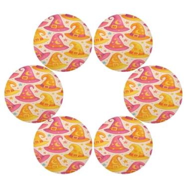 Imagem de Wassud Jogo americano conjunto de 6 chapéus de bruxa caprichosos tapetes de mesa redondos para cozinha e jantar tapetes laváveis resistentes ao calor decoração de mesa 39 cm