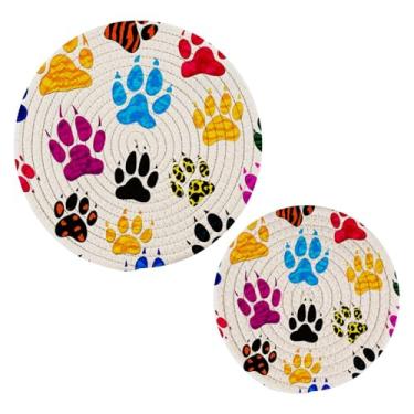 Imagem de Wassud Conjunto de tripé de patas coloridas para pratos quentes, suportes redondos de panela, almofadas quentes de algodão, porta-copos resistentes ao calor para decoração de cozinha, bancada, 2 peças