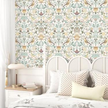 Imagem de EPPKILY Papel de parede William Morris Descasque e cole pássaros vintage papel de parede floral boho floral autoadesivo removível papel de contato botânico para quarto, sala de estar, armários, forro