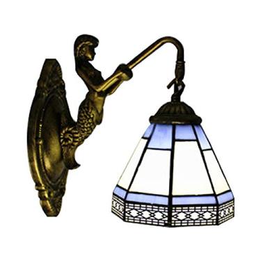 Imagem de Luminária de parede decorativa vitoriana com vitral e espelho frontal, ideal para escada, quarto, corredor de hotel (azul, modelo básico com 2 lâmpadas).