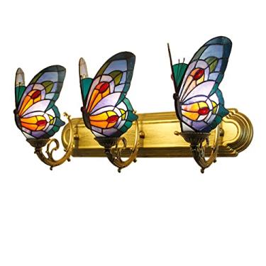 Imagem de Luminária de banheiro estilo Tiffany com 3 braços, aplique de parede em vitral com borboleta, estilo retrô europeu, para espelho frontal, ideal para banheiro, maquiagem e corredor, 61 cm x 3
