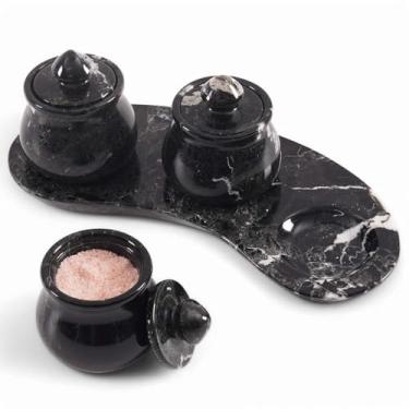 Imagem de Saleiro de mármore com tampa, suporte de sal de pedra preta natural de 8 cm com bandeja conjunto de 3, pote de bancada elegante para temperos, açúcar, temperos, condimentos e mesa de jantar