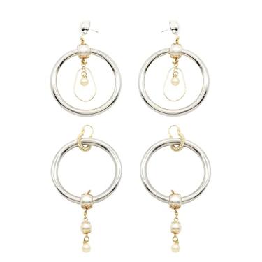 Imagem de 2 pares de brincos modernos banhados a ouro 18 k banhado a ródio feminino, Medium, Metal Plástico, Sem pedra preciosa