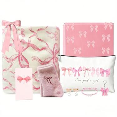 Imagem de BlueRaying Presente de laço rosa Coquette para mulheres inclui cobertor, bolsa de maquiagem formal, chaveiro de laço, faixa de cabelo, meias, pulseira, brincos, cartão de felicitações, conjunto de