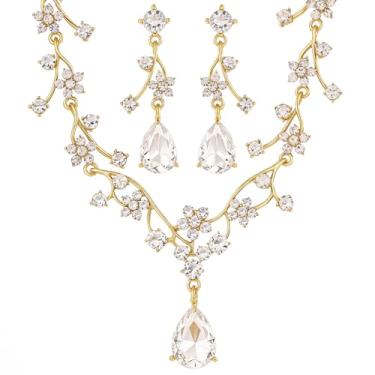 Imagem de KLSURPRISE2 Conjunto de joias florais para mulheres – Conjuntos de joias de casamento para noivas com colar de cristal e brincos para noivas e damas de honra, Large, Metal, Strass