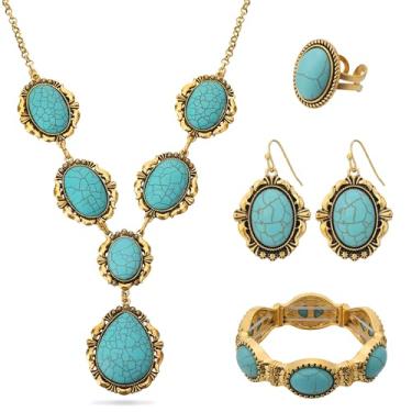 Imagem de JMScape 4 peças de joias turquesa ocidental para mulheres boho vintage navajo colar de pérolas brinco pulseira conjunto de anéis Country Cowgirl acessórios para presente, Large, Metal, Turquesa