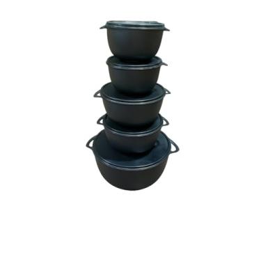 Imagem de Kit com 5 Tigelas de Plastico com Tampas, Preto, Empilháveis, Bowls para Cozinha