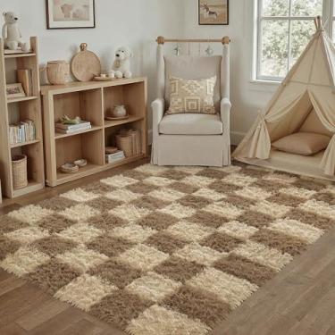 Imagem de PureCozy Tapete quadriculado 10 x 15 cm para sala de estar, marrom moderno tapete felpudo super macio lavável tapete felpudo para quarto, casa, dormitório, decoração estética