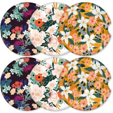 Imagem de Pacote com 6 porta-copos de cerâmica para carro com suporte de cortiça, fácil de retirar para limpeza, inserções absorventes e antiderrapantes para interior automotivo (flor)