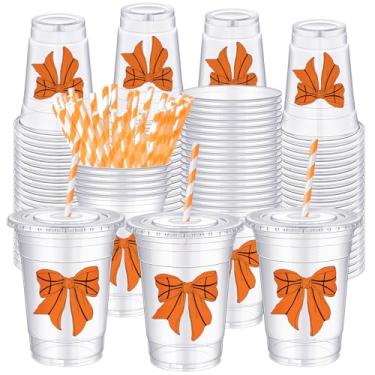 Imagem de Sliner 50 peças de suprimentos de festa de basquete 473 ml copos de plástico descartáveis com copos de arco de palha aniversário casamento nupcial equipe esportiva festa de Natal decoração de chá de