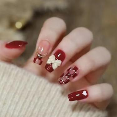 Imagem de 24 peças de unhas postiças brilhantes de coração vermelho e branco, desenhos de coração doce e laço para mulheres e s, Dia dos Namorados, festas, casamentos (vermelho)