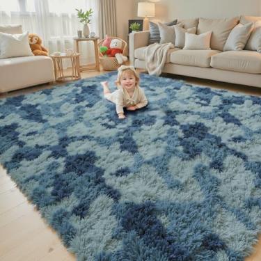 Imagem de Tapetes para sala de estar 15 x 23 cm, Alfombras para Salas Shag Tapete de pelúcia grande, tapetes felpudos para quarto, decoração de casa estética para meninos e meninas (azul escuro tingido com