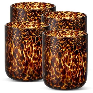 Imagem de Honeydak Conjunto de 4 copos de pedras marrons com estampa de leopardo tartaruga 283 g copos elegantes sem haste copo de vidro ideal para gim, tequila, vodca, refrigerantes 8 x 8 x 10 cm