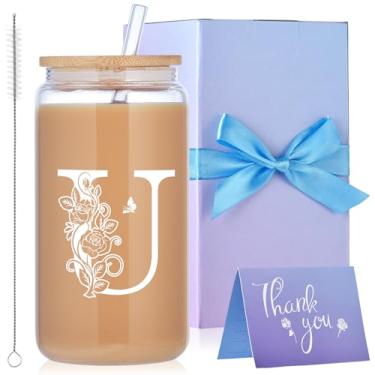 Imagem de Copos de vidro iniciais com tampas e canudos, presentes monogramas para mulheres, copo de vidro de cerveja de 473 ml, caneca de café gelada, presente personalizado com caixa e cartão. Presentes de