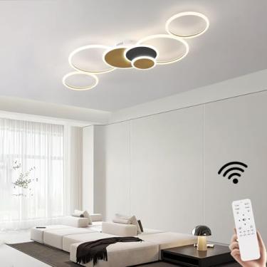 Imagem de Luminária de teto LED 110w, moderna, redonda, 3000-6000k, dimerizável, com controle remoto, em acrílico, para sala de estar, cozinha, quarto e escritório (preto + dourado)