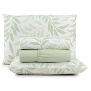 Imagem de Jogo de Cama Casal 4 Peças Micropercal 200 Fios Toque Aveludado com Elástico e Fronhas(FOLHAS VERDES,Casal)