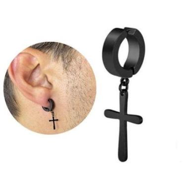 Imagem de Brinco Masculino Pressão com Pingente Cruz Aço Black -1 PEÇA-Unissex