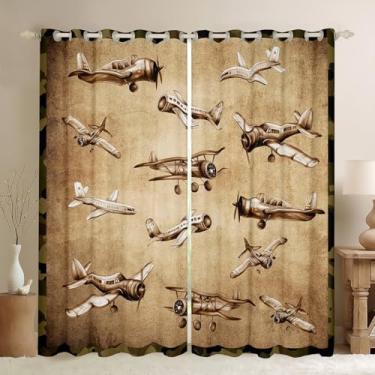 Imagem de Erosebridal Cortinas e cortinas de avião para crianças 106,7 cm L x 153 C para quarto de meninos e adolescentes, desenhos animados, hélice, avião, janela, cortinas retrô militares, 2 painéis