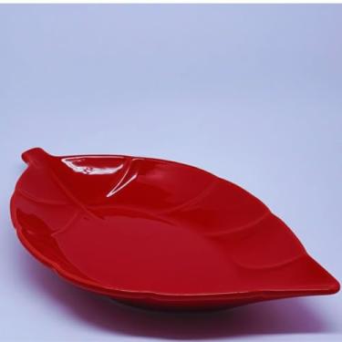 Imagem de Travessa de Servir Grande Formato Folha Decorativa em Cerâmica Branca. Ideal para Servir e Decorar. Minimalista (Vermelho)