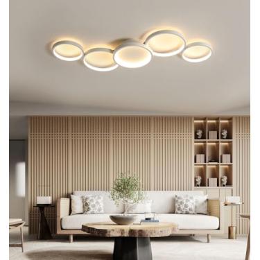 Imagem de Luminária de teto LED redonda, moderna e regulável, com 5 anéis, para sala de estar e quarto, com controle remoto, iluminação inteligente para ambientes internos, iluminação embutida no teto