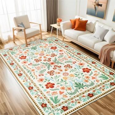 Imagem de Mightree Tapetes de área para quarto e sala de estar – Tapete floral vintage de lã sintética antiderrapante tapete baixo resistente a manchas tapete grande para casa, sala de jantar, escritório