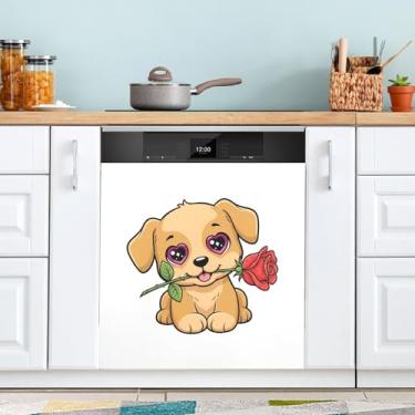 Imagem de ATTX Capa de ímã para lava-louças de cachorro de desenho animado Dia dos Namorados | Adesivo decorativo de eletrodomésticos de 58 x 66 cm para armários domésticos e eletrodomésticos #285