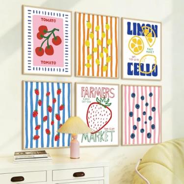 Imagem de FYSUIMU 6 folhas de arte de parede de frutas, decoração de quarto, coquete, morango, mirtilo, limão, tomate, pôsteres para quarto doce, sala de estar, dormitório, 20 x 25 cm, sem moldura