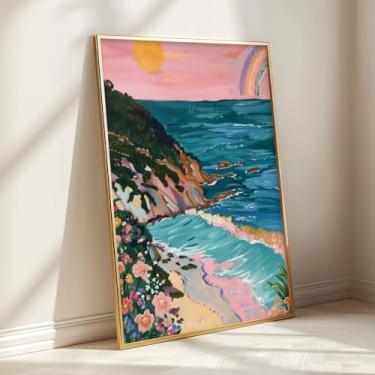 Imagem de Pintura de praia rosa imagens de paisagem costeira arte de parede em tela arco-íris pôsteres de paisagem colorida pinturas de paisagem costeira pôr do sol arte de parede de praia floral arte abstrata