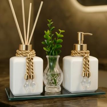 Imagem de Kit Lavabo Banheiro com Frascos Cubo 300ml Aromatizador Saboneteira Bandeja e Vaso Decorativo(Branco com Dourado)