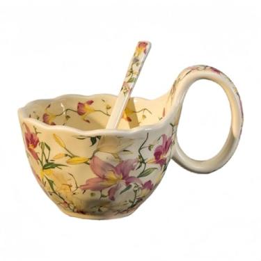 Imagem de Wixann Tigela de sopa de 500 ml segura para micro-ondas, tigela de cereais pintada à mão de cerâmica com alça para sopa, iogurte, lanche, batata frita, ensopado, sorvete, café (lírio)