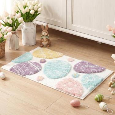 Imagem de Lyrow Tapete de banheiro de Páscoa com ovo de Páscoa de pelúcia 3D, tapete de banho absorvente antiderrapante para decoração de banheiro de primavera, tapete de chuveiro pastel engraçado macio