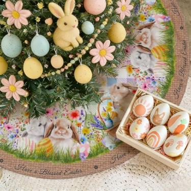 Imagem de Saia de árvore de páscoa 121 cm, saia colorida de coelhinho xadrez búfalo, tapete de árvores de Páscoa para decoração interna e externa