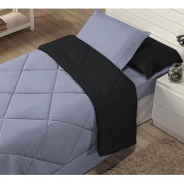 Imagem de Kit Edredom Solteiro Dupla Face + Lençol - 4 Peças em Preto e Cinza, Prático para Quartos Domésticos com Estilo Versátil (PRETO)
