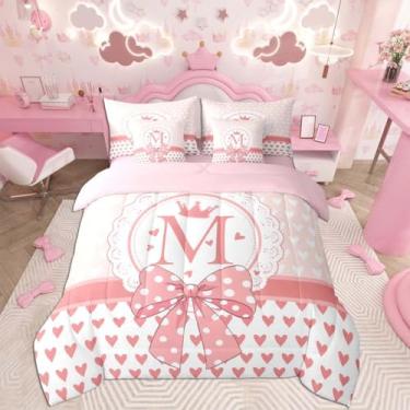 Imagem de Feelyou Jogo de cama casal com estampa de coroa de princesa e coração, rosa, tamanho casal, 7 peças, letra M, para crianças, meninas, lençol com edredom, alfabeto, fada kawaii, acolchoado, sonhador