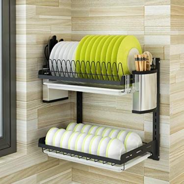 Imagem de Escorredor de louças, suporte de parede, preto, 201, aço inoxidável, suporte de secagem, faca, pauzinhos, tigela de drenagem, suporte de armazenamento de pratos (tamanho: 2 camadas) (uma cor 2 camadas
