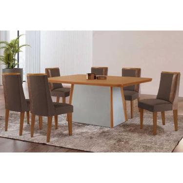 Imagem de Mesa Cozinha Tilia c/ Tampo Madeirado Canto Curvo 180x90cm e 6 Cadeiras Tilia Madeira Maciça Naturale/Off White - Capuccino/Suede Marrom-Rufato