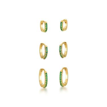 Imagem de Kit Brincos Argola Com Uma Fileira Zirconias Verdes Banhado A Ouro 18k