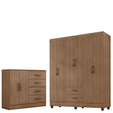 Imagem de Kit Guarda-roupa Casal 6 Portas Com Cômoda Sapateira 4 Gavetas Lisa Carvalho Oak