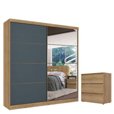 Imagem de Guarda Roupa Casal Málaga Full Glass 2 Portas Capuccino Azul Acetinado E Cômoda Gaveteiro Condessa Capuccino - Thb