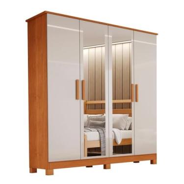 Imagem de Guarda-roupa Solteiro 4 Portas com Espelho 2 Gavetas Nina em Mdf com Pés 140cm Naturalle/off White - Bianchi Móveis