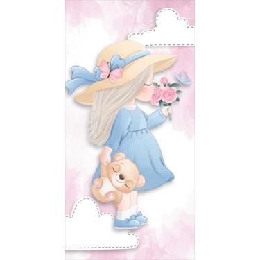 Imagem de Painel Sublimado Vertical Menina Vestido Azul Ursinho Flores e Borbole