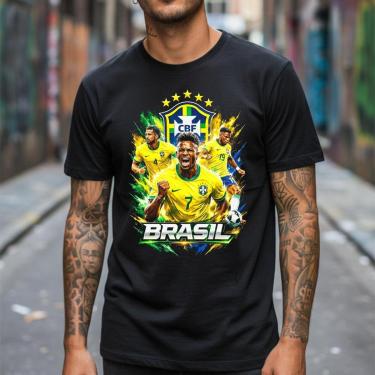 Imagem de Camiseta Masculina Brasil Futebol Seleção Estampa Jogadores Arte Urbana Tecido Leve Cas...