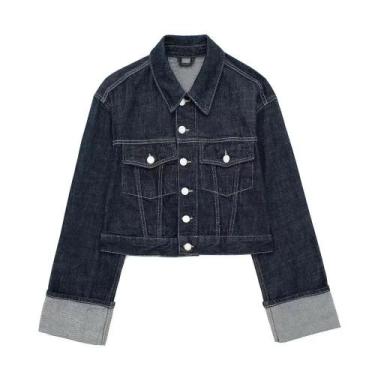 Imagem de Jaqueta Jeans Azul Feminina Com Bolsos, Abotoamento Simples, Gola Vint